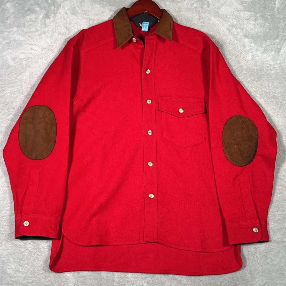 Vintage Woolrich Shirt Mens M Red Wool Suede Collar Elbow Patch Hunting USA*